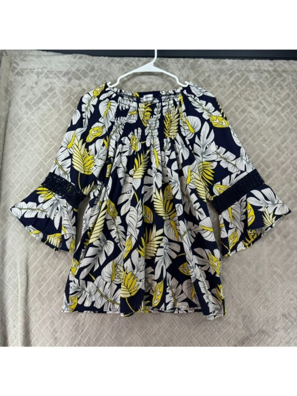 Chances R Blouse Womens L Navy Blue Yellow Palm Print Flare Sleeve Ruched Boho